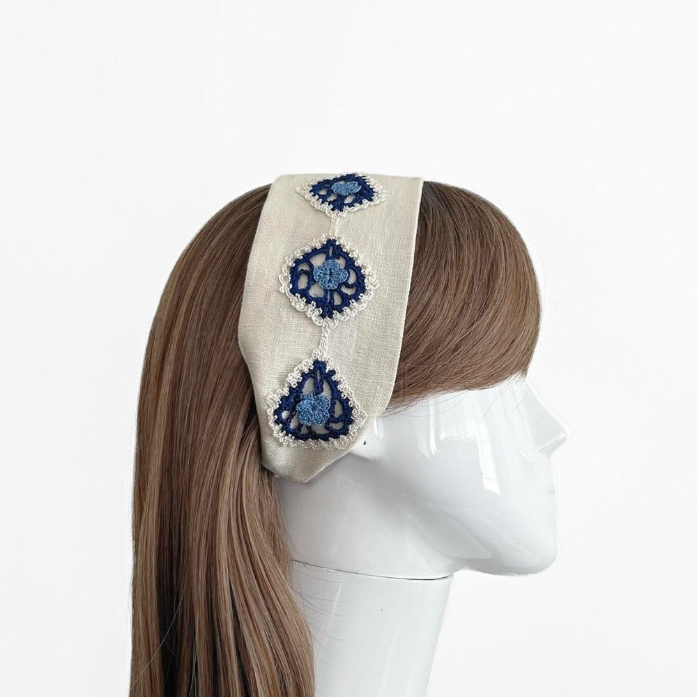 Embroidered Cream and Blue trim Headband
